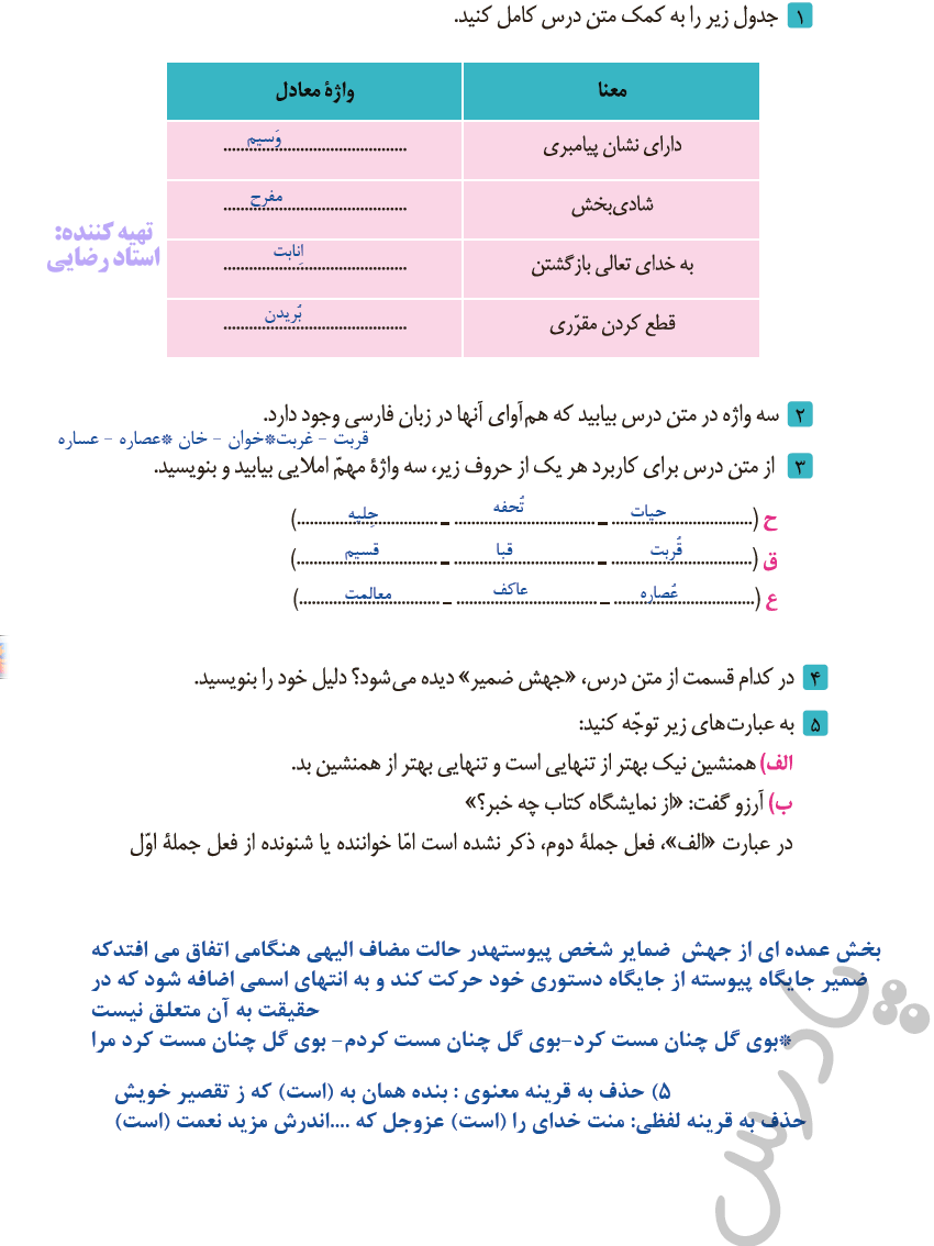 جواب تمرینات فارسی دوازدهم انسانی 