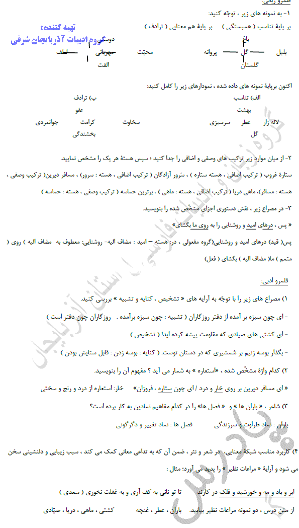 حل تمرین فارسی دهم درس 17 