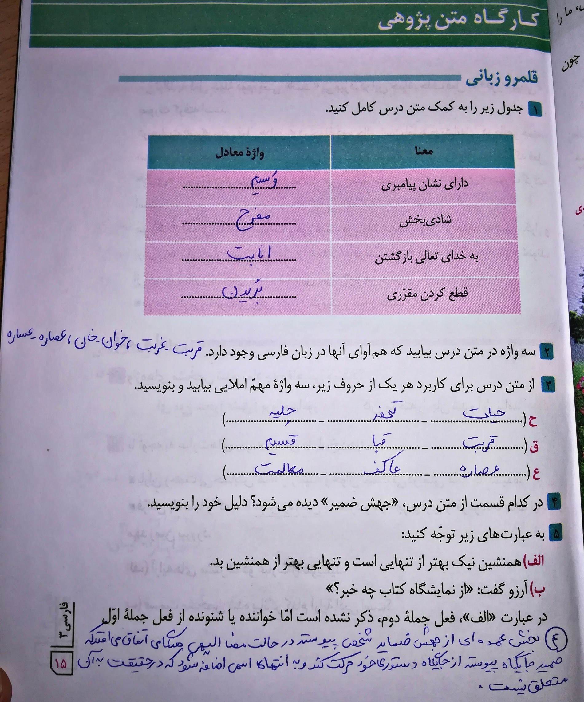 جواب تمرین های فارسی دهم تجربی درس دوازدهم 