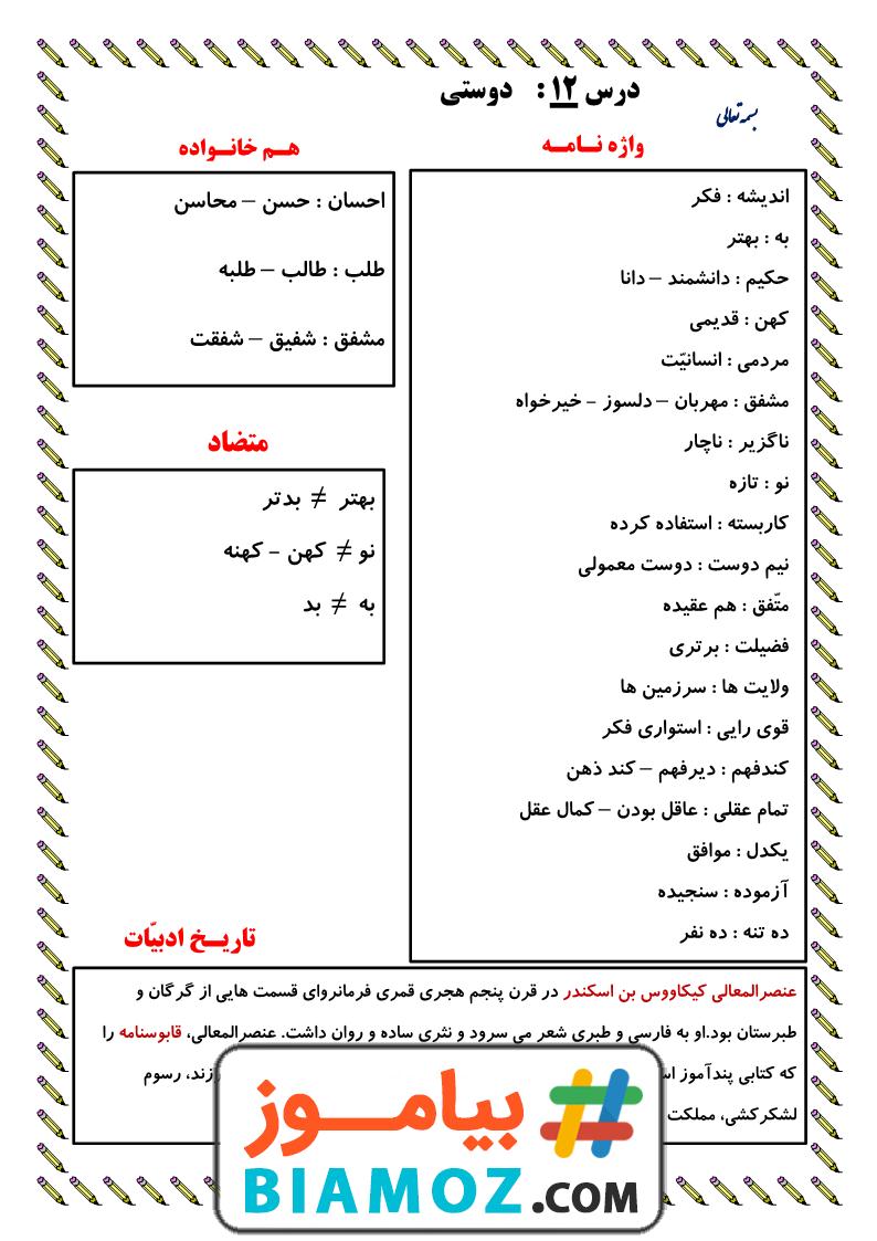 معنی درس دوستی و مشاوره کلاس ششم فارسی
