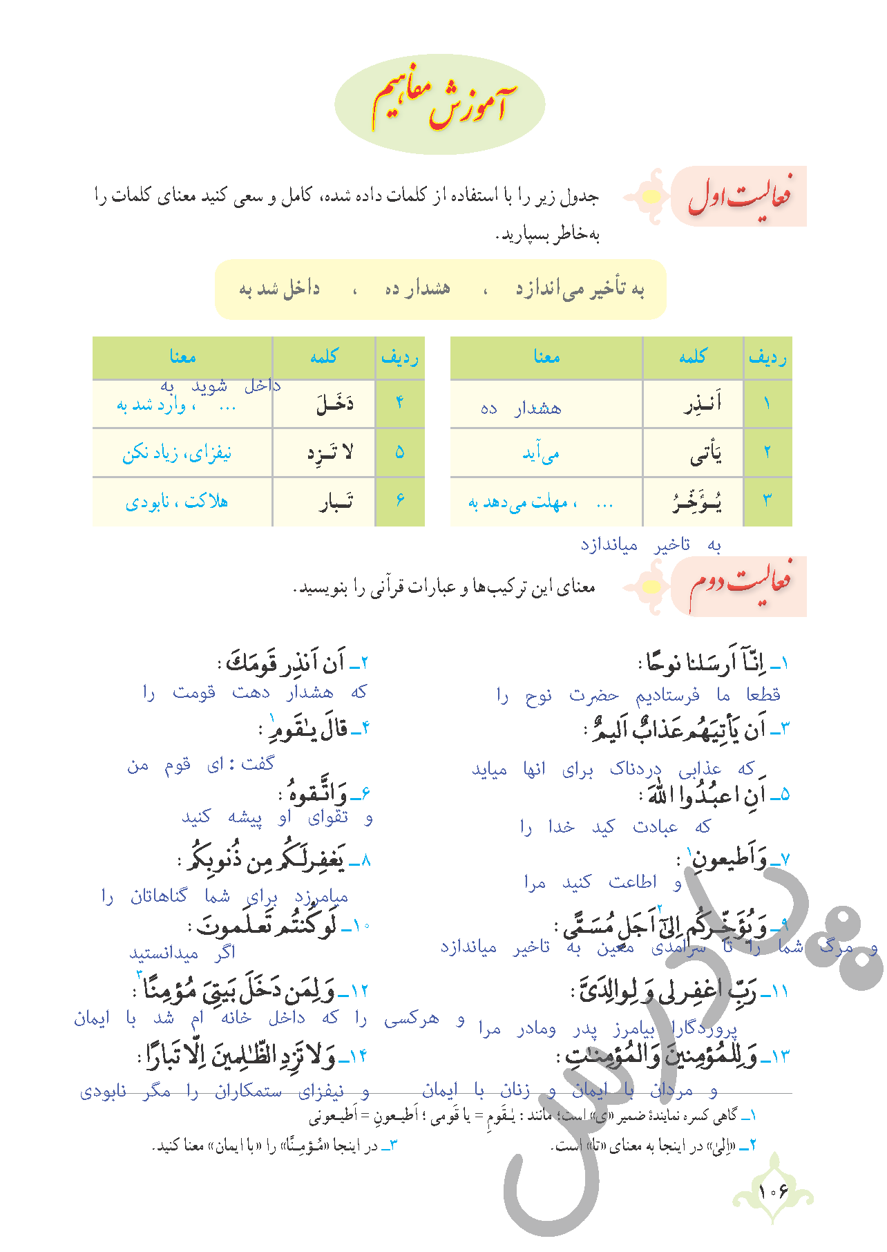 پاسخ فعالیت های درس ۱۰ قرآن نهم 