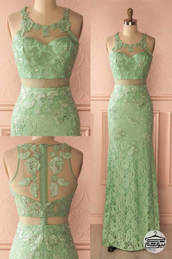 مدل لباس مجلسی با پارچه گیپور سبز
