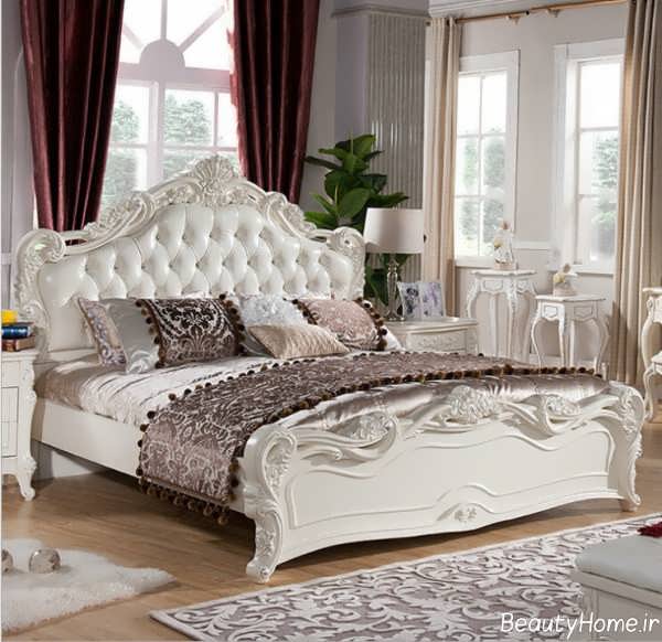 مدل تخت خواب دونفره سفید و طلایی
