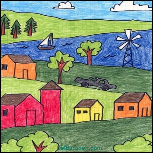 نقاشی کودکانه خانه روستایی ساده