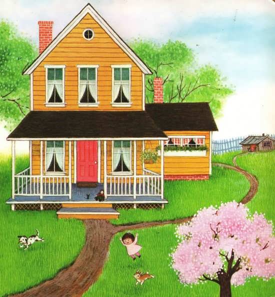 نقاشی کودکانه ساده حیاط خانه