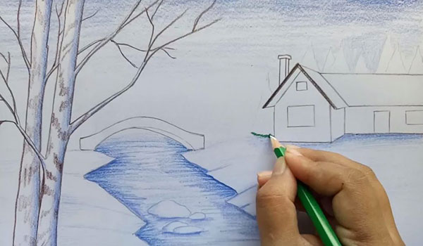 اموزش کشیدن نقاشی طبیعت با مداد رنگی ساده