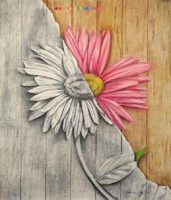 نقاشی گلدان گل ساده با مداد رنگی