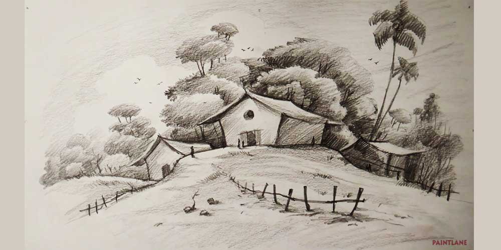نقاشی منظره ساده با مداد سیاه
