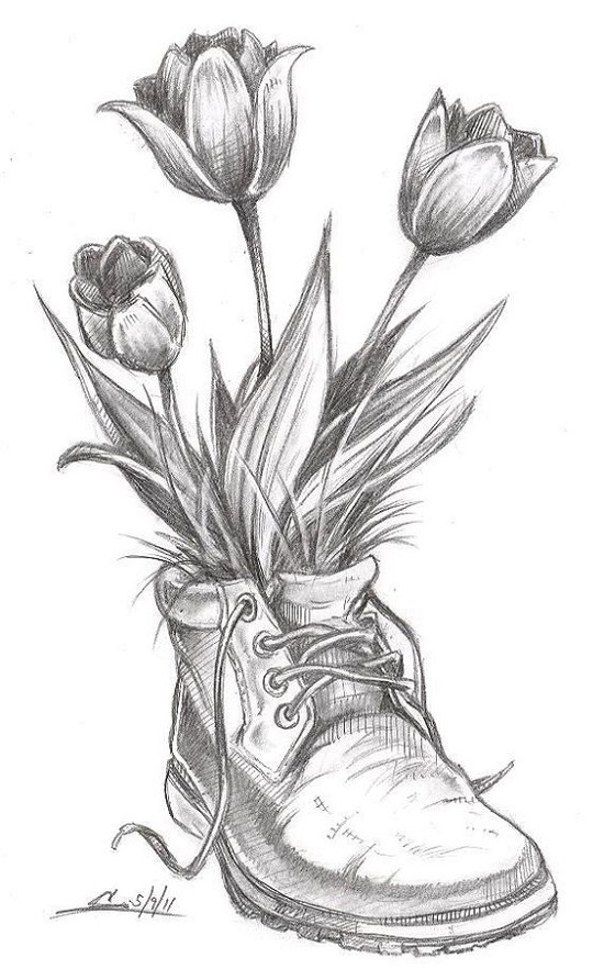 طراحی گل لاله با مداد سیاه
