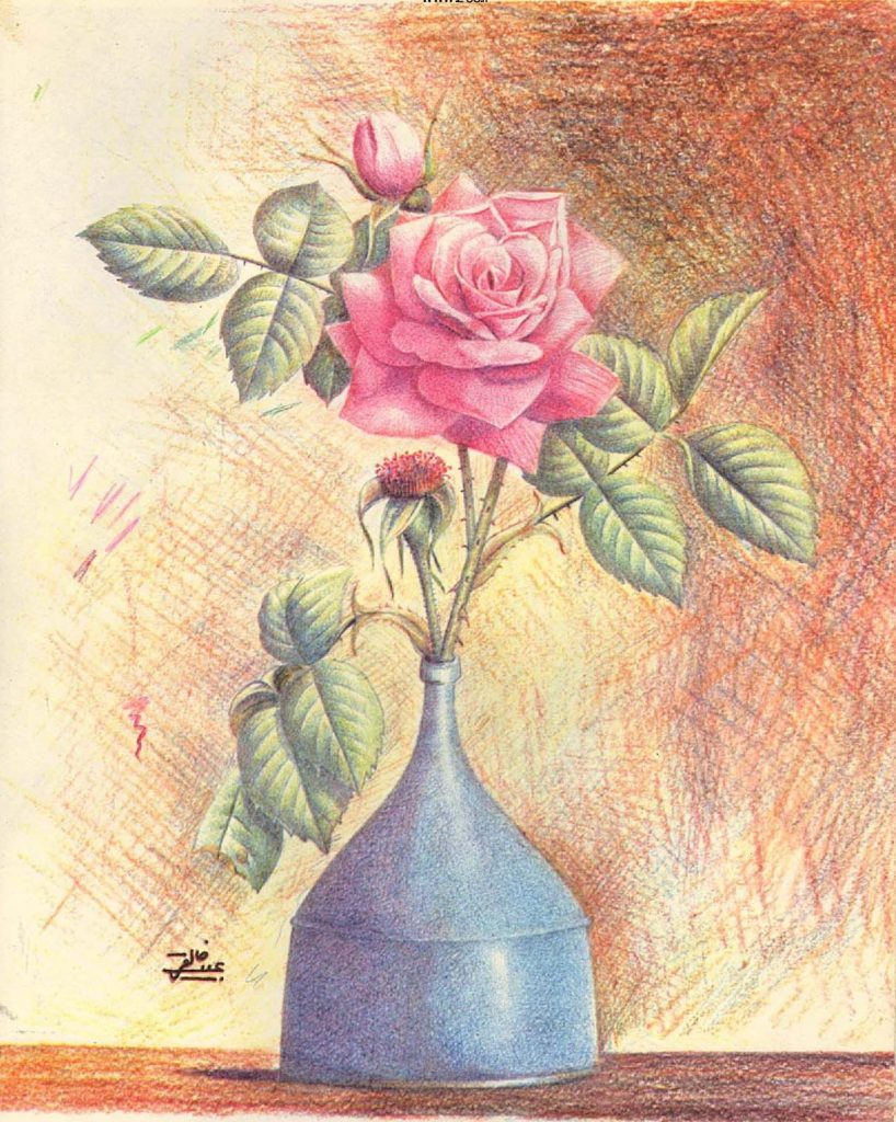 نقاشی گلدان پر از گل با مداد رنگی
