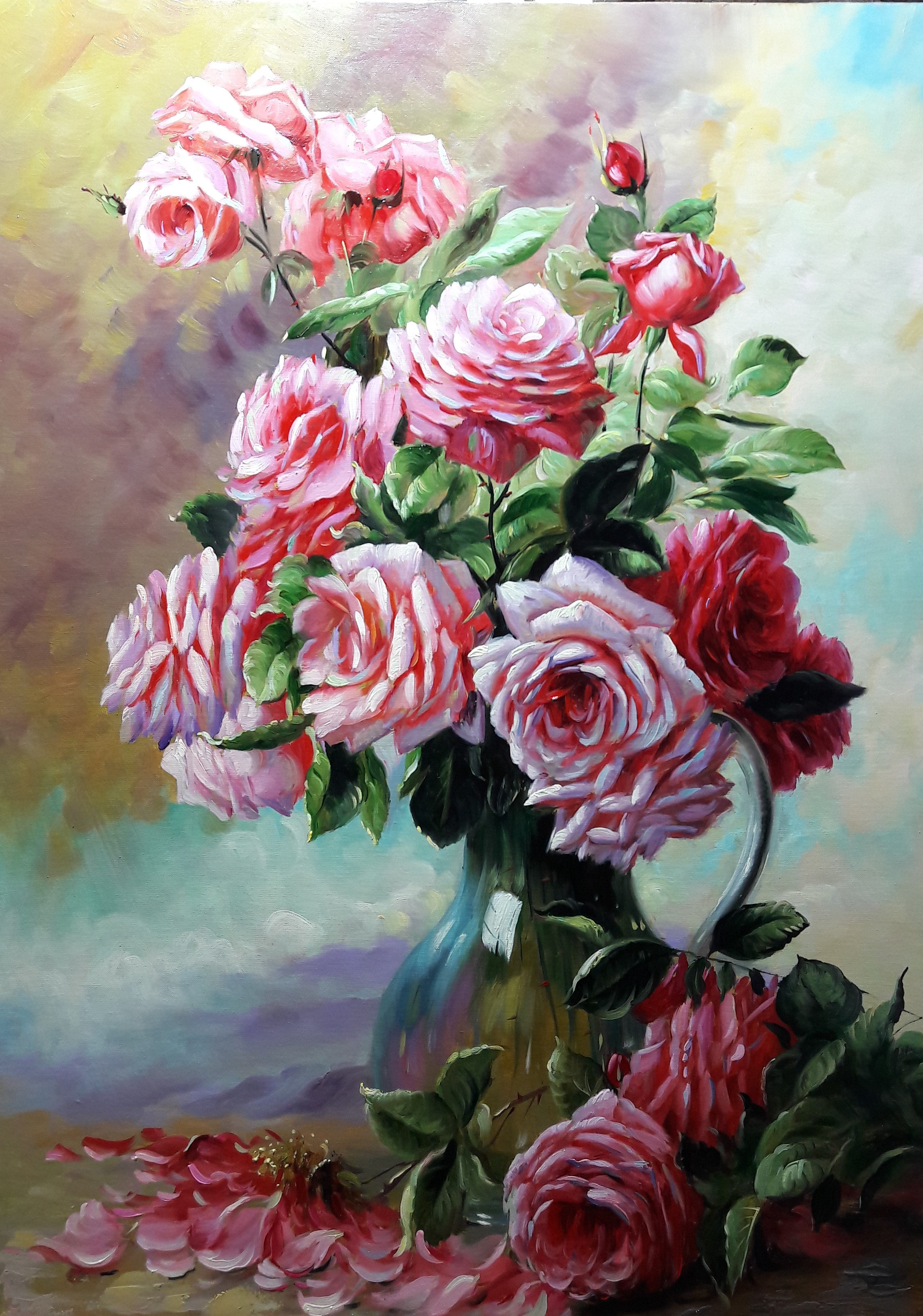 نقاشی رنگ روغن گلدان گل رز