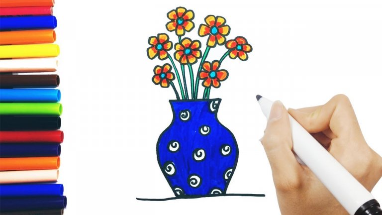 نقاشی گلدان و گل کودکانه