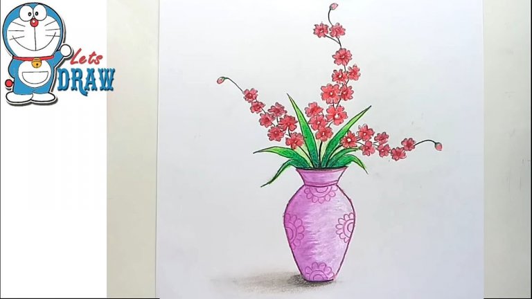 نقاشی گلدان پر از گل با مداد رنگی