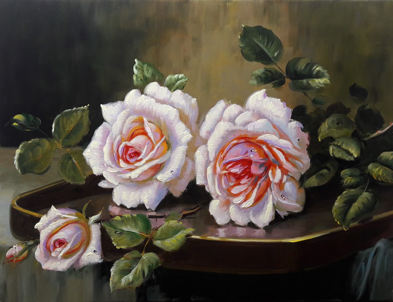 نقاشی رنگ روغن گلدان گل رز