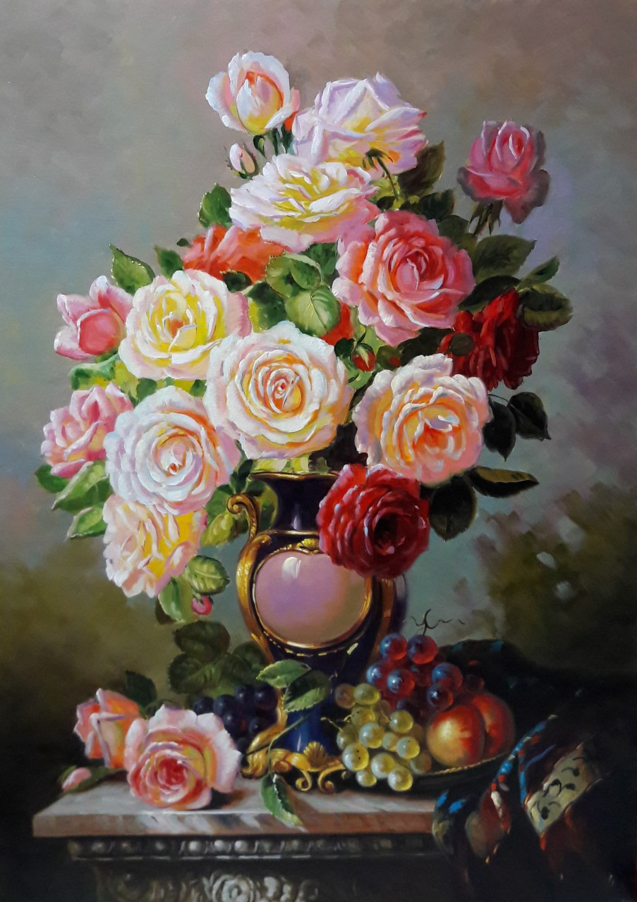نقاشی رنگ روغن گلدان گل رز
