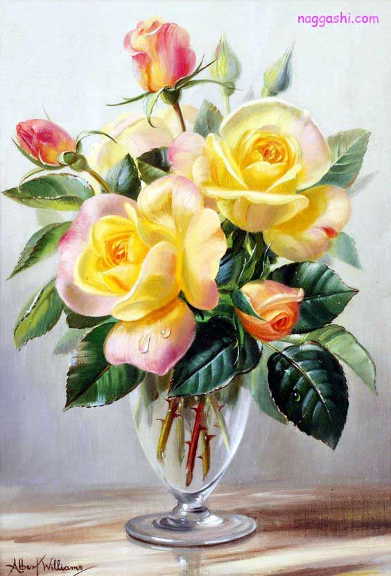 نقاشی گل و گلدان با رنگ روغن