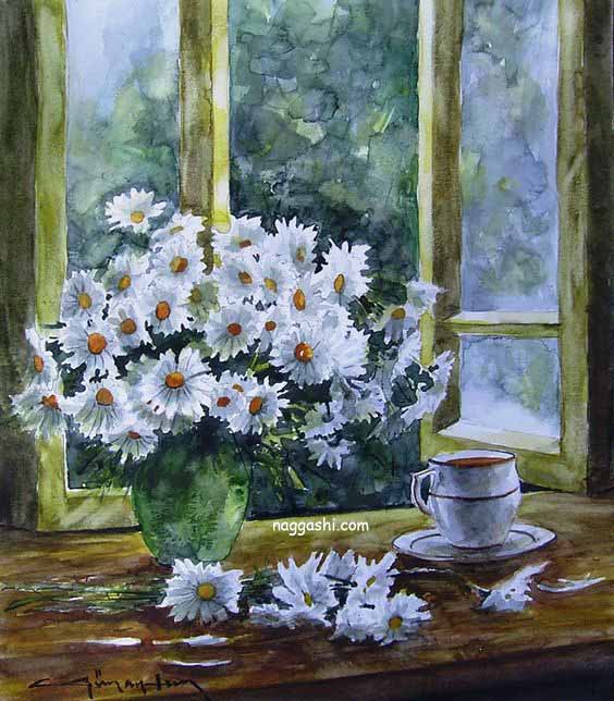 نقاشی گل و گلدان با رنگ روغن