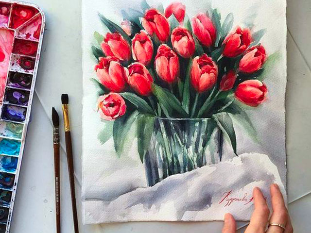 نقاشی با آبرنگ گلدان