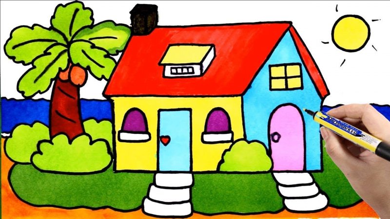 آموزش نقاشی خانه کودکانه ساده
