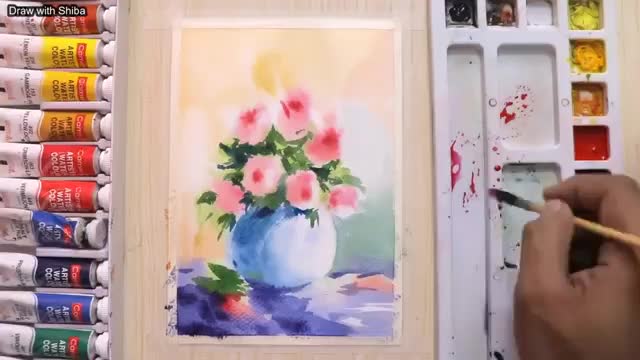 نقاشی گل و گلدان با آبرنگ
