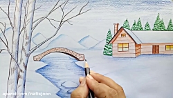 نقاشی منظره با مداد رنگی کودکانه
