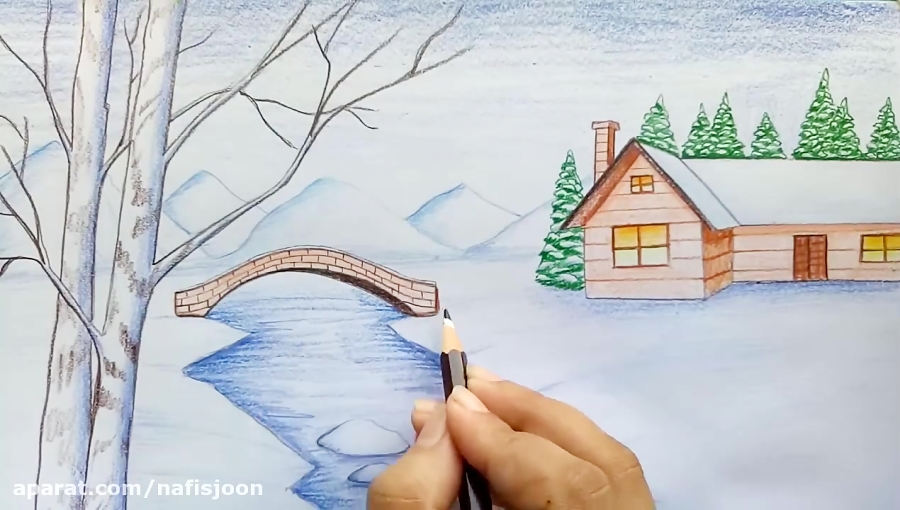 نقاشی منظره با مداد رنگی برای کودکان

