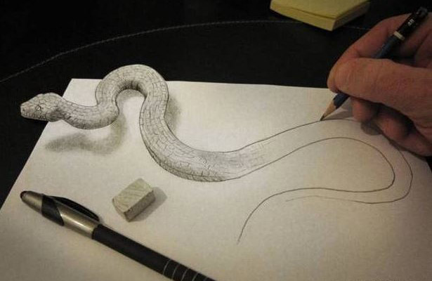 نقاشی سه بعدی با مداد سیاه مار
