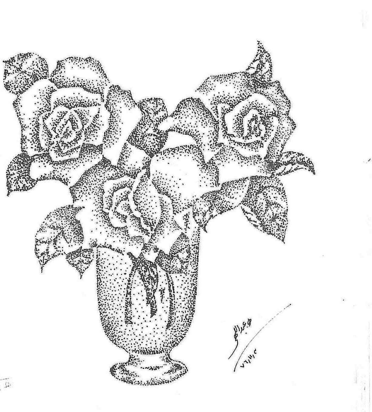 نقاشی گل و گلدان با مداد سیاه