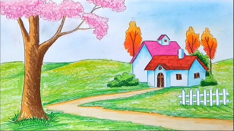 نقاشی ساده طبیعت با مداد رنگی برای کودکان