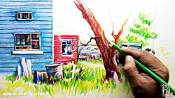 نقاشی حرفه ای با مداد رنگی از طبیعت