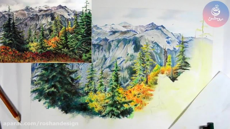 نقاشی حرفه ای طبیعت با مداد رنگی