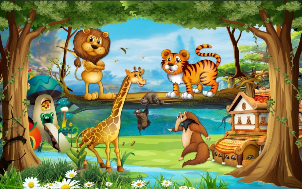 نقاشی جنگل و حیوانات کودکانه