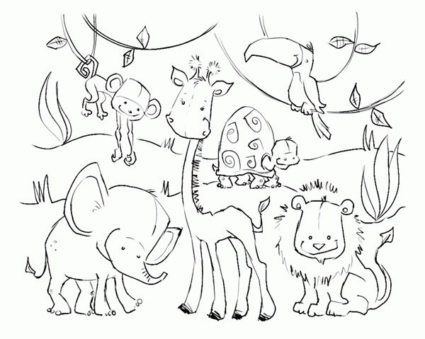 نقاشی جنگل با حیوانات کودکانه