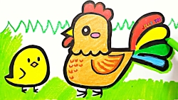نقاشی کودکانه مرغ و خروس و جوجه