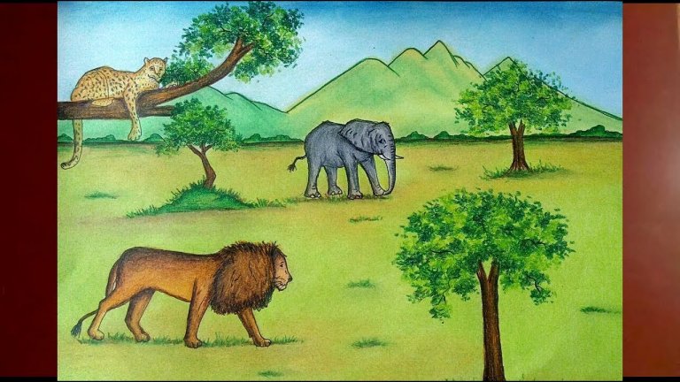 نقاشی جنگل با حیوانات کودکانه
