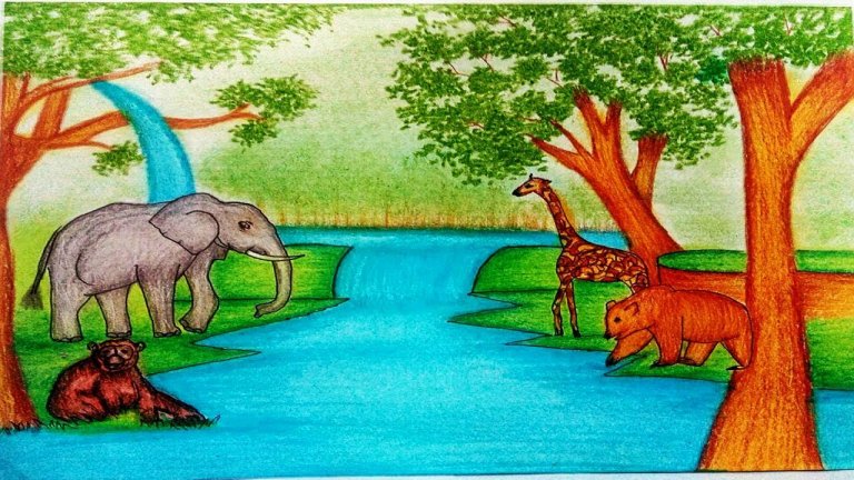 نقاشی جنگل با حیوانات برای کودکان