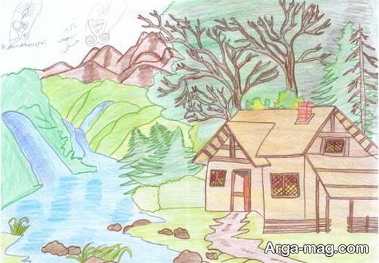 نقاشی کودکانه جنگل و دریا