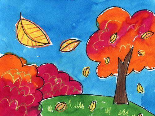 نقاشی درخت پاییزی با مداد رنگی ساده