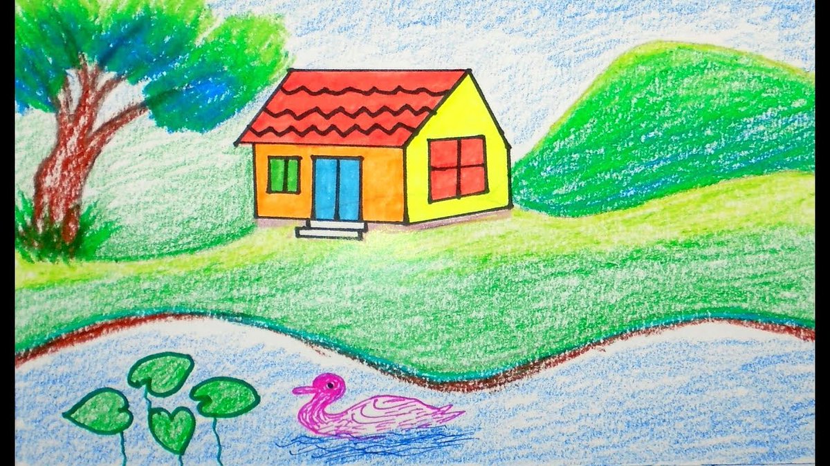 نقاشی درخت و خانه کودکانه