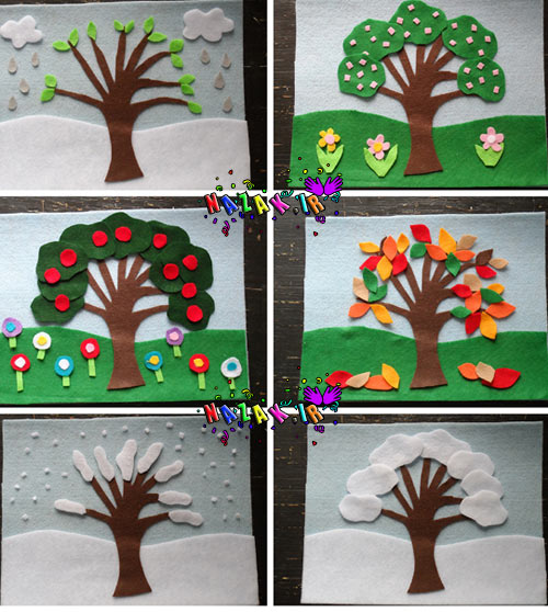 نقاشی کودکانه درخت در چهار فصل