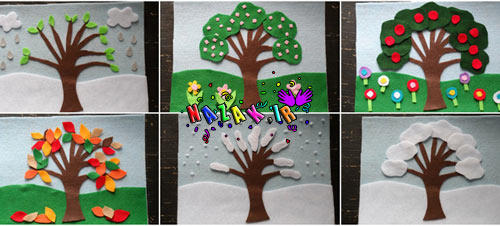 نقاشی کودکانه درخت سیب در چهار فصل
