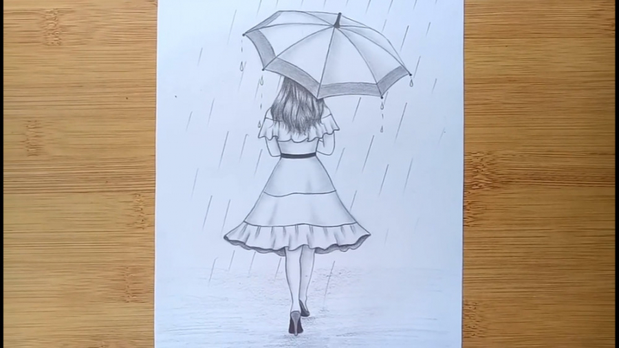 طراحی با مداد دختر با چتر