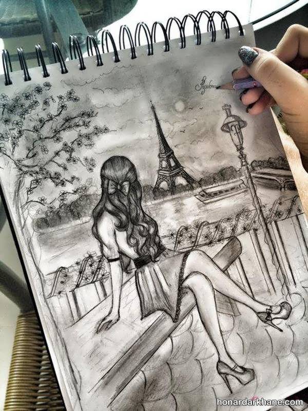 نقاشی دختر تنها با مداد سیاه