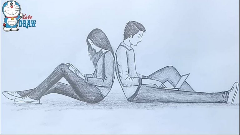 طراحی با مداد دختر و پسر