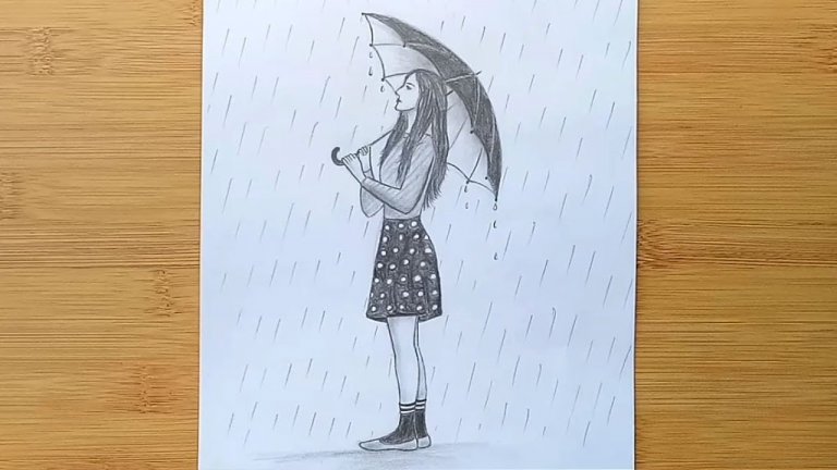 طراحی با مداد دختر با چتر