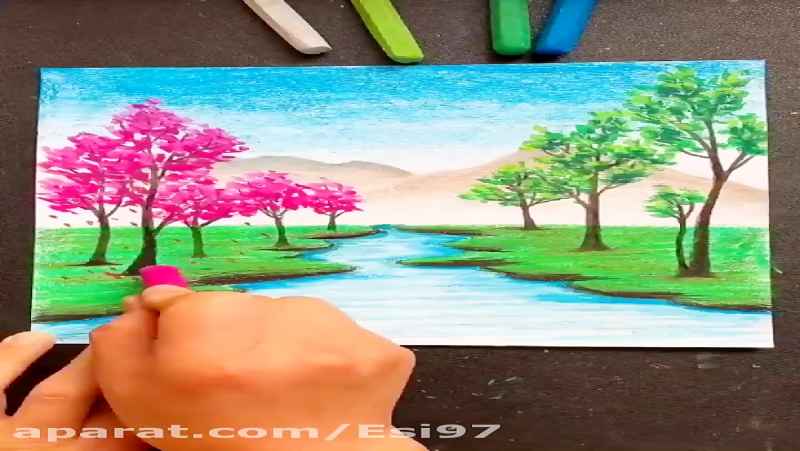 نقاشی با مداد رنگی طبیعت