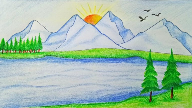آموزش نقاشی منظره با مداد رنگی برای کودکان
