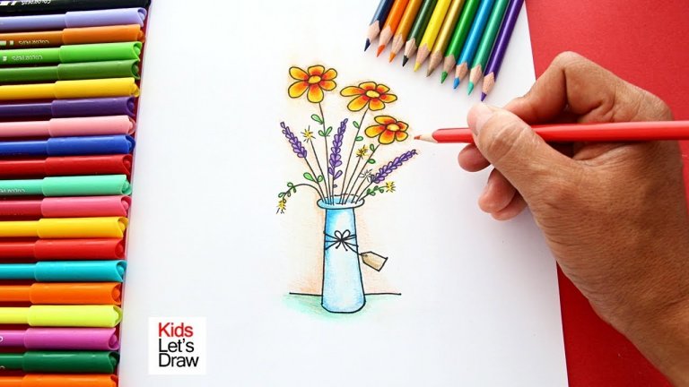 طراحی گل و گلدان با مداد رنگی