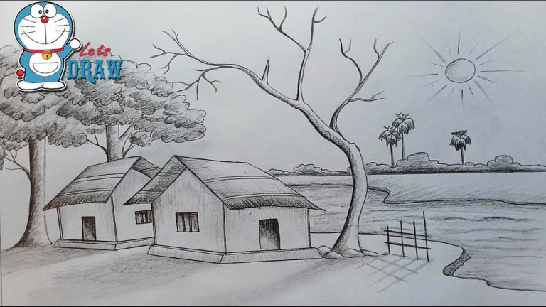 نقاشی منظره با مداد سیاه ساده