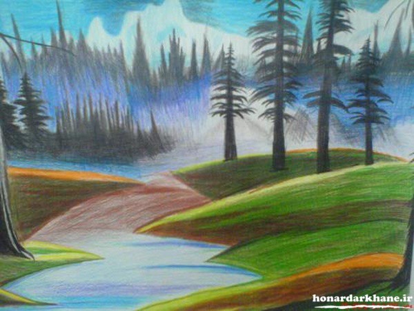 نقاشی طبیعت با مداد رنگی برای نوجوانان